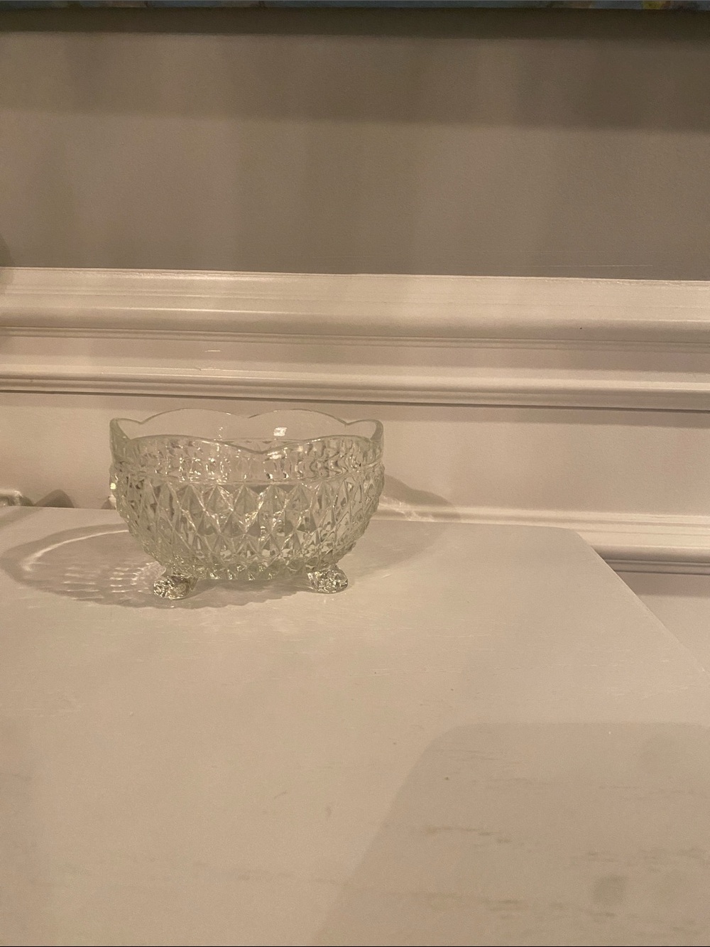 Vintage Indiana Glass clear diamond point 3-toed bon bon bowl